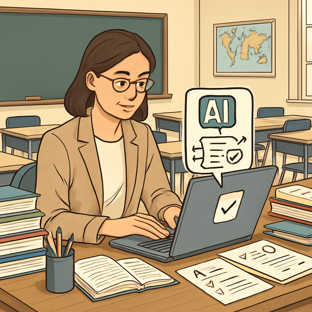 A teacher utilizing AI software to reduce administrative workload in education.