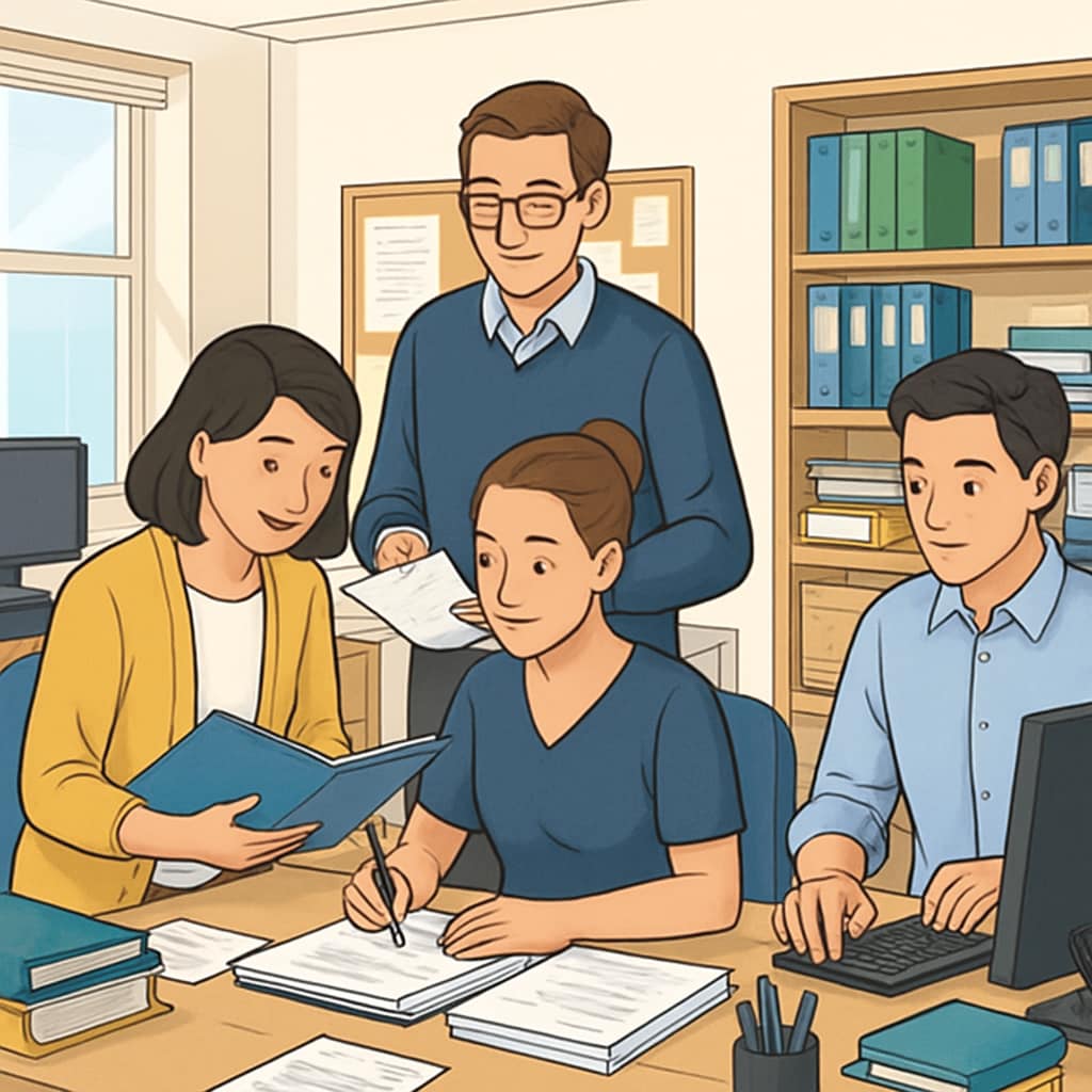 Administrative staff working in a school office with a focus on teamwork