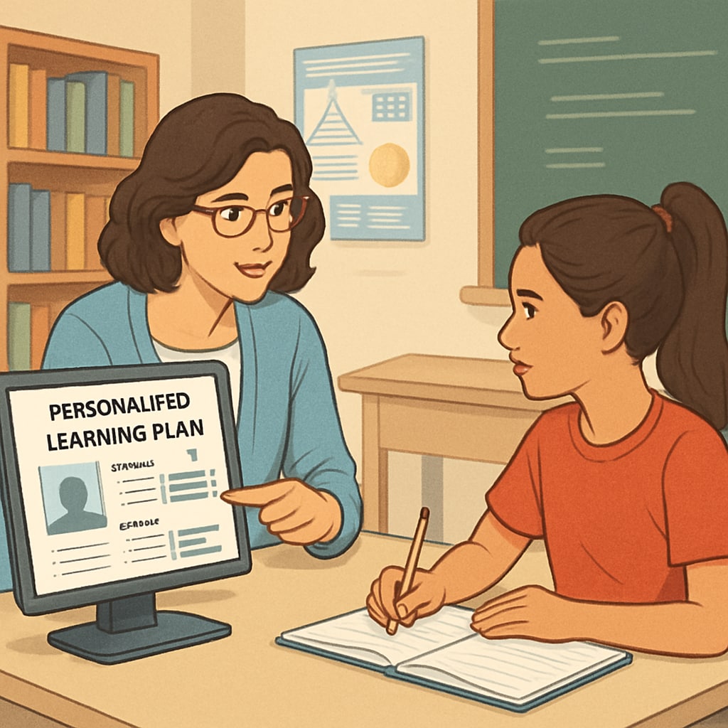 AI-driven personalized learning plans being reviewed by a teacher and student.