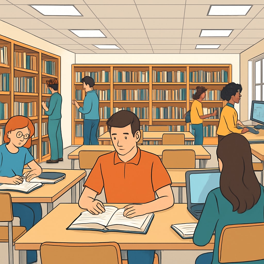 School library with shelves of books and students exploring educational materials