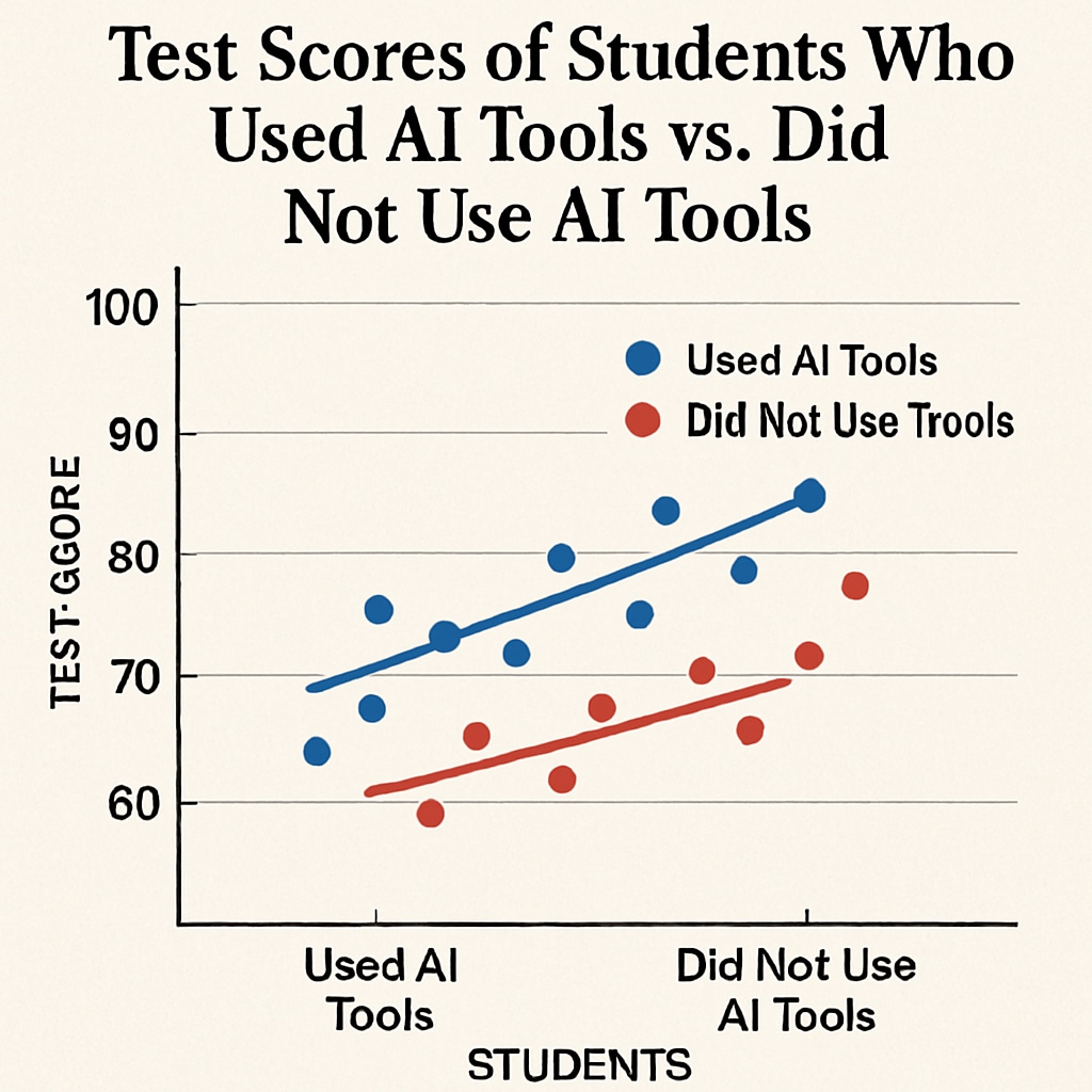 A graph illustrating improved test scores of students who used AI tools compared to those who did not, with clear labels and data points. The image visually supports the case study and data analysis. Graph showing how AI tools contribute to improved academic performance.