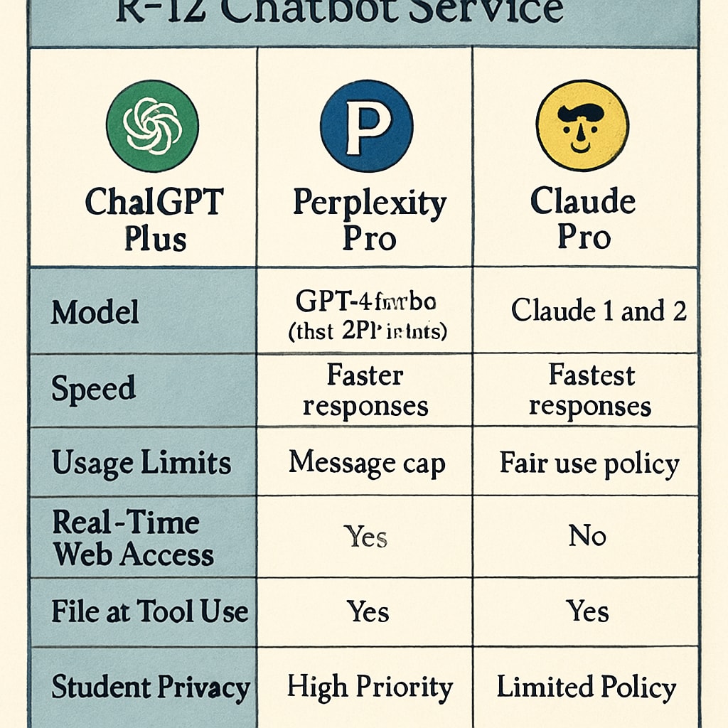 Comparison chart of ChatGPT Plus, Perplexity Pro, and Claude Pro features for K12 students.