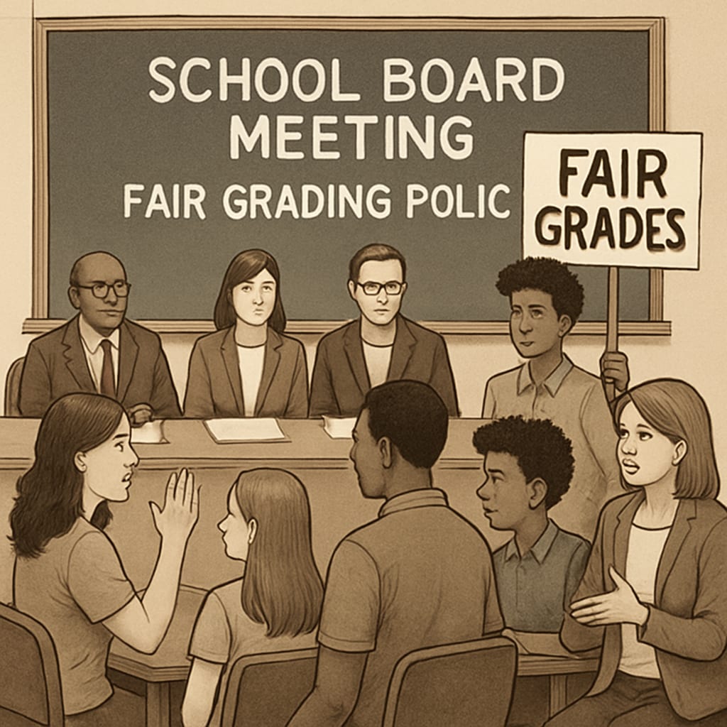 School board meeting discussing grade appeals and educational fairness.