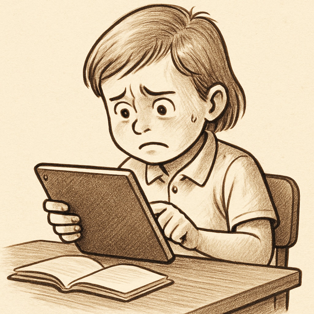 A child showing signs of tech addiction on a tablet, related to mental health risks.