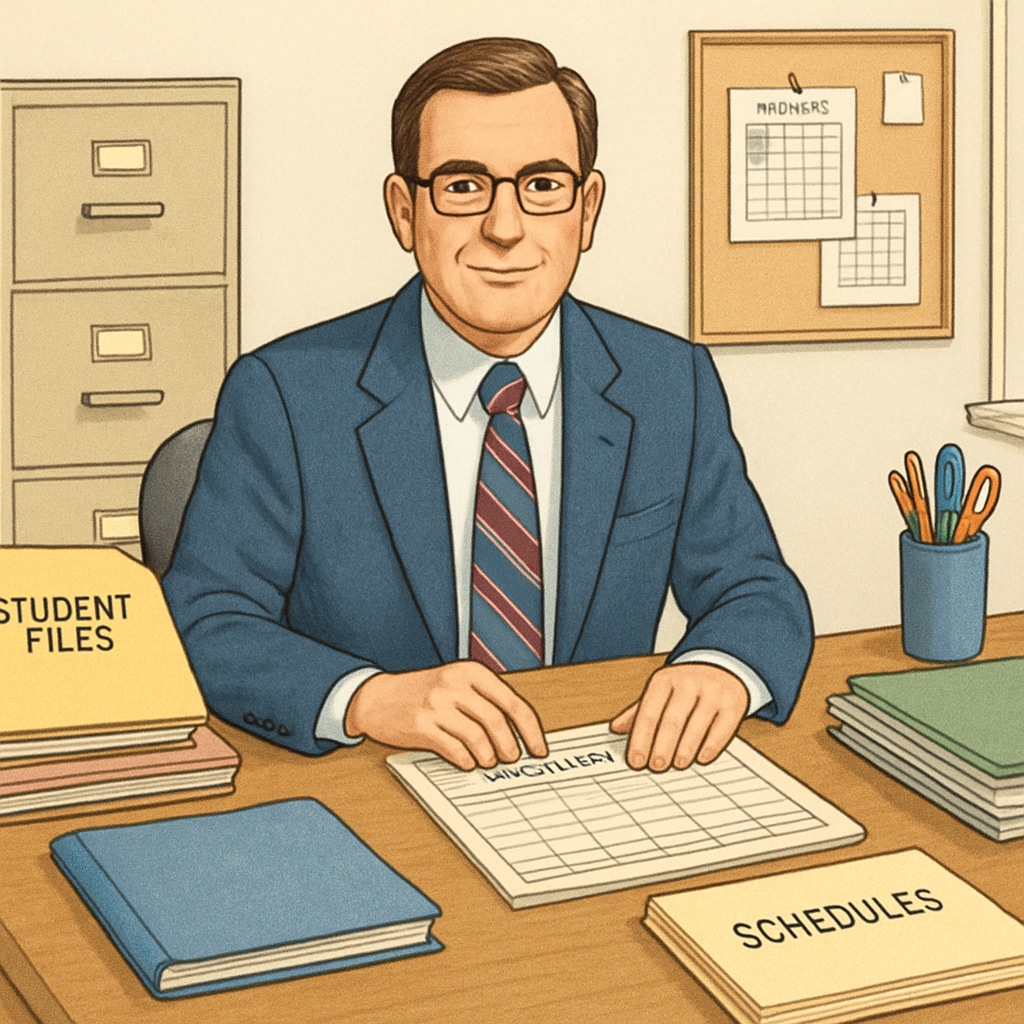 A school administrator working at their desk, surrounded by student files and schedules. This image represents the importance of non-teaching roles in education. School administrator managing files and schedules, showcasing non-teaching positions.
