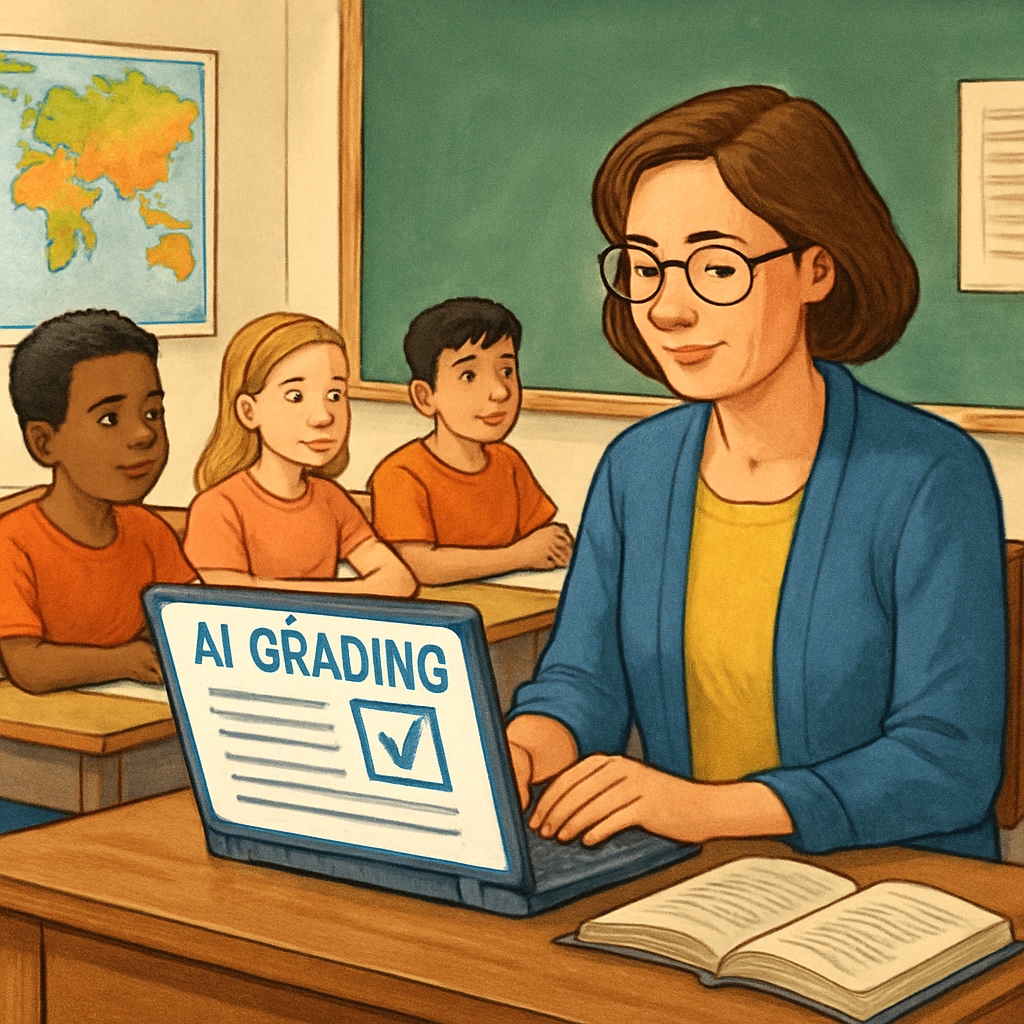A teacher using an AI grading tool on a laptop in a classroom setting. A teacher utilizing AI tools to grade assignments efficiently, showcasing AI in education.