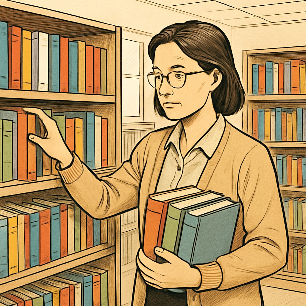 A school librarian organizing books on shelves, symbolizing the critical role of library management in schools. School librarian organizing books as part of a non-teaching role in education.