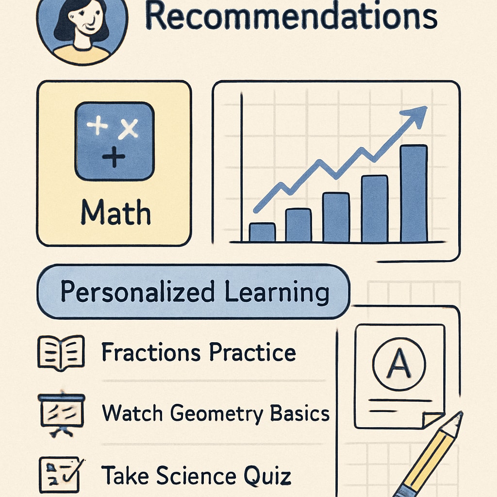 An AI-powered app displaying personalized learning recommendations for students. AI-powered educational app offering personalized learning suggestions to students.