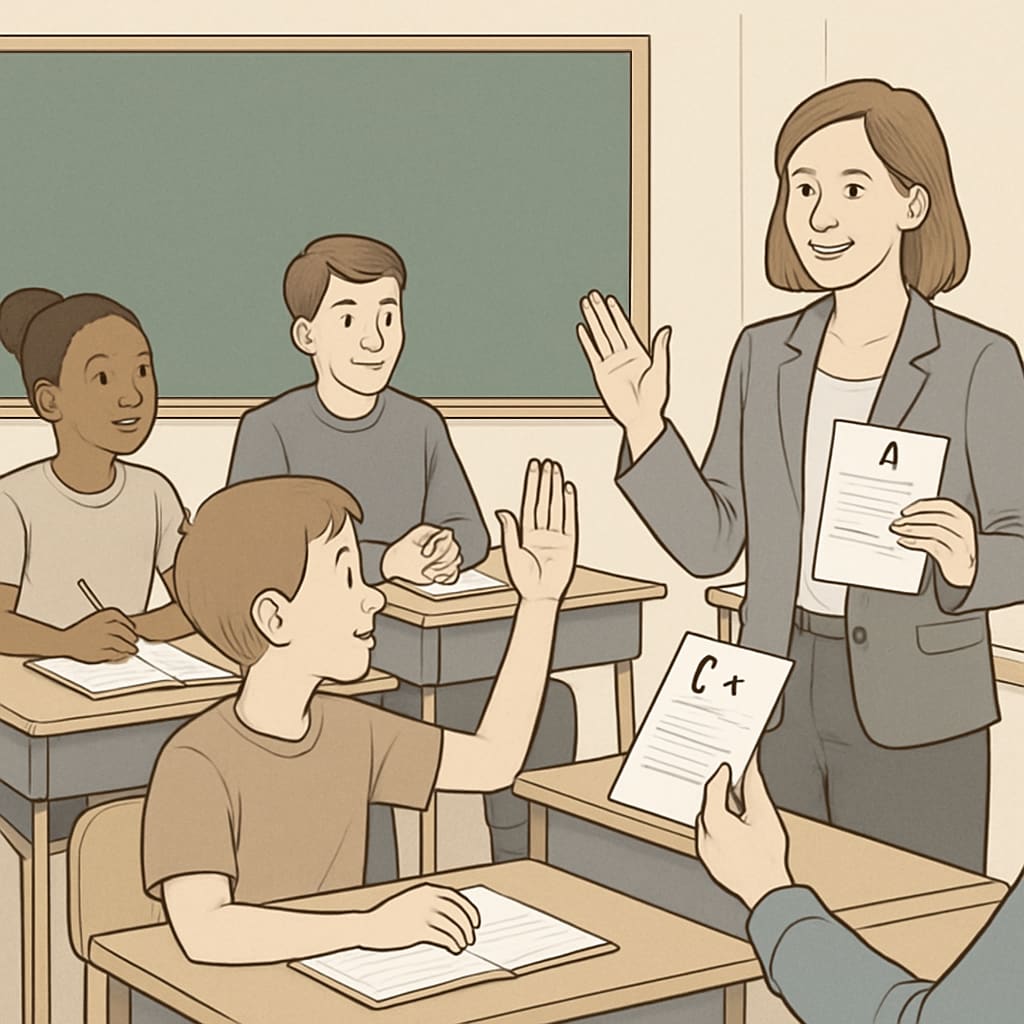 A classroom setting where students are discussing their grades with a teacher. Students disputing their grades with a teacher in a classroom setting.