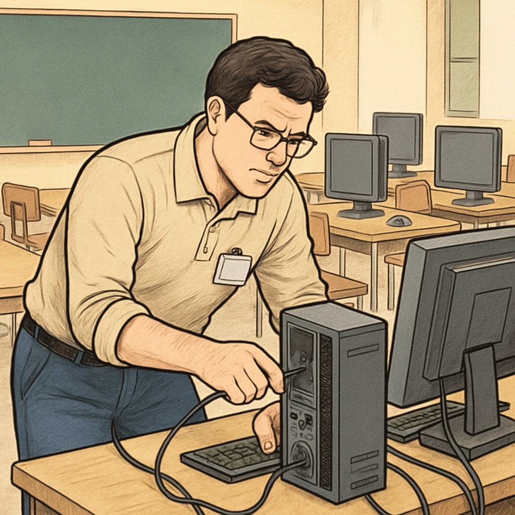 IT technician ensuring classroom technology is operational in an educational setting.
