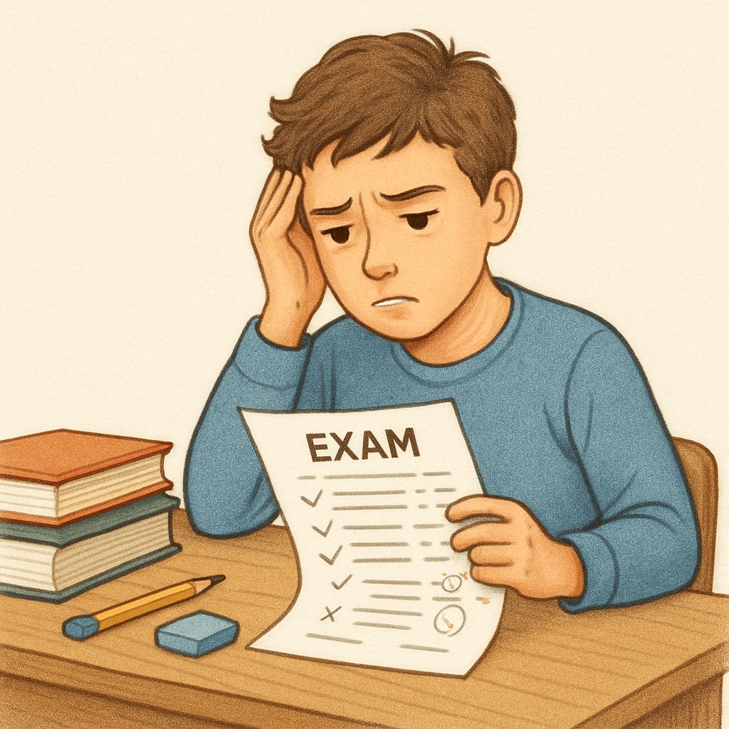 An image showing a frustrated student reviewing their exam paper. A frustrated student analyzing their exam paper for errors.