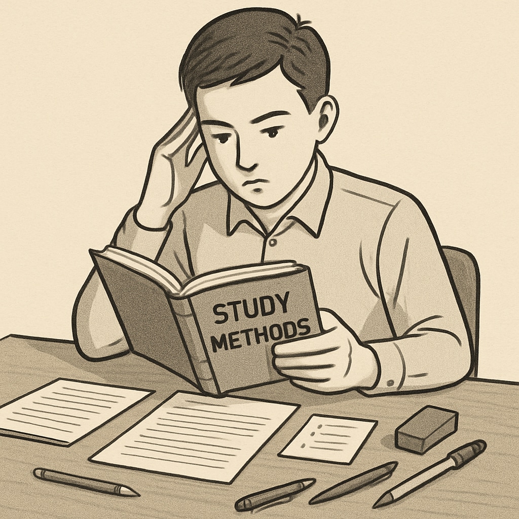 A student sitting at a desk reading a book on study methods, with notes scattered on the table. Teen reading a book about study methods with notes spread on the desk.