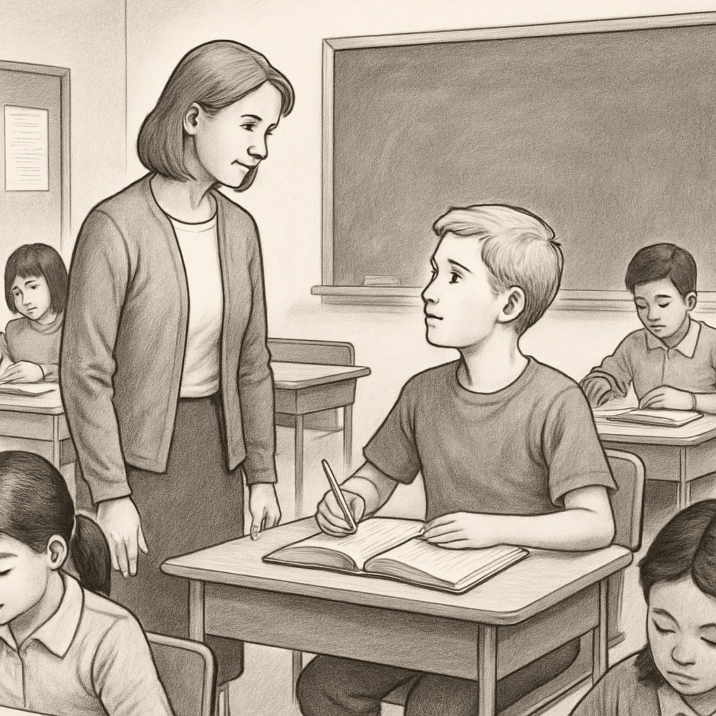 A classroom scene with a teacher calmly addressing a student while others continue studying. The image highlights the importance of maintaining classroom order while addressing individual needs. Teacher addressing a student in a public school classroom to manage disruptive behavior.