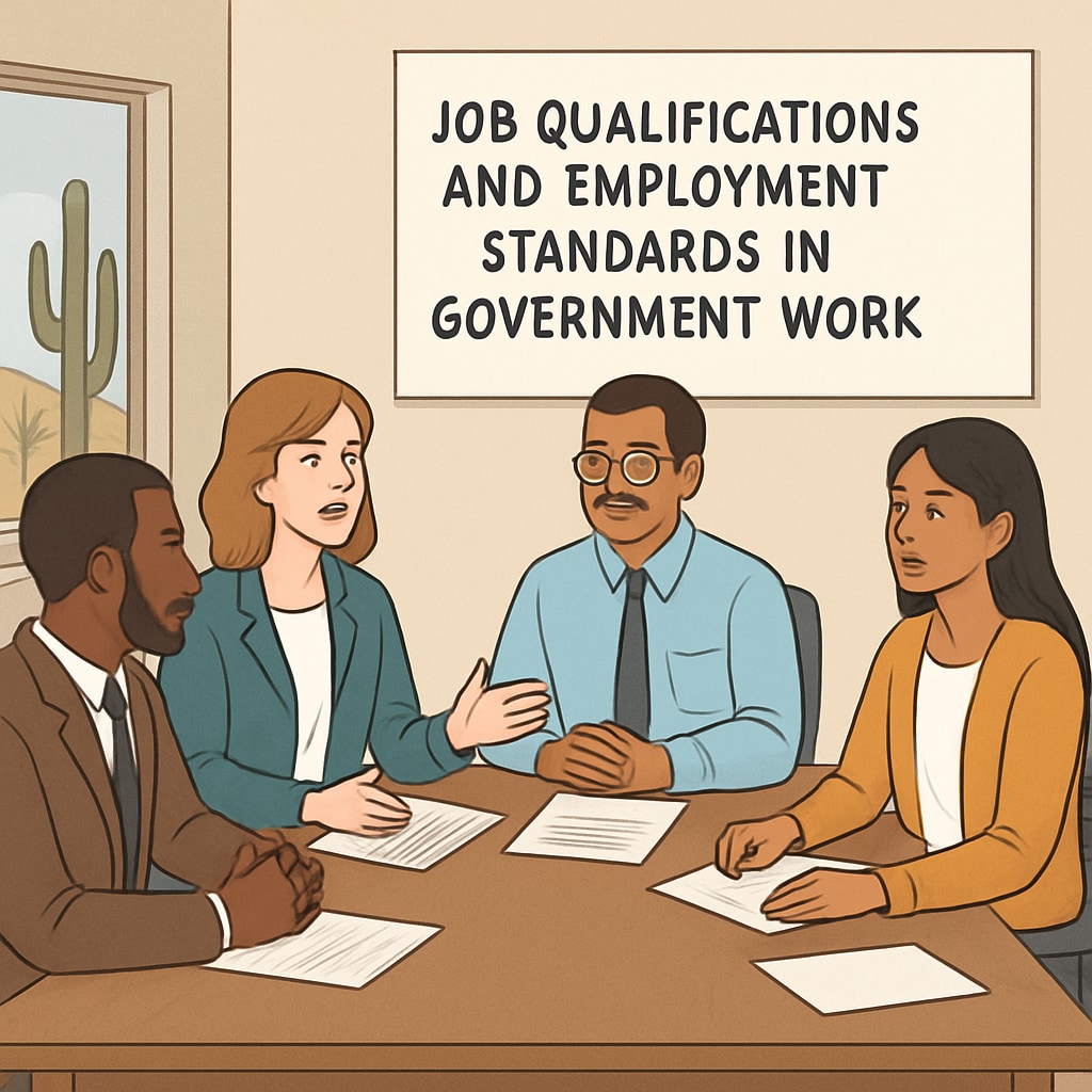 A professional setting in Arizona where employees are discussing job qualifications, highlighting employment standards in government work. Arizona employment qualifications debate in a professional meeting.