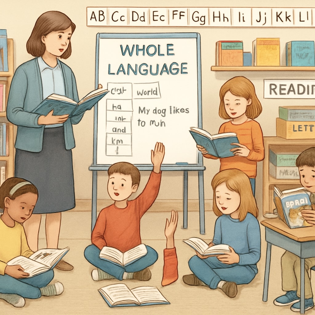A classroom of young children engaging in reading activities, emphasizing whole language instruction. Students practicing whole language method in a private school classroom.