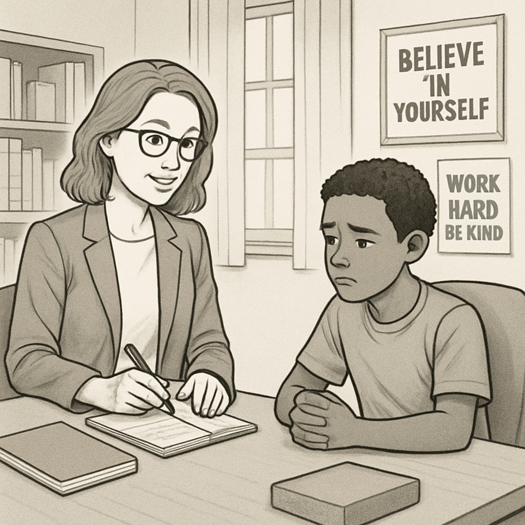 A school counselor working with a student in a private session environment. The image emphasizes the role of professional intervention in behavior correction. School counselor providing mental health support to a student in a behavioral intervention program.