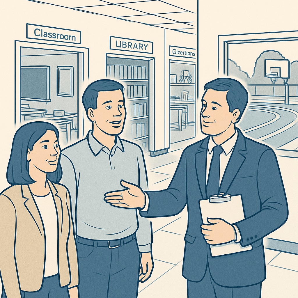 A school principal showing parents around a public elementary school.