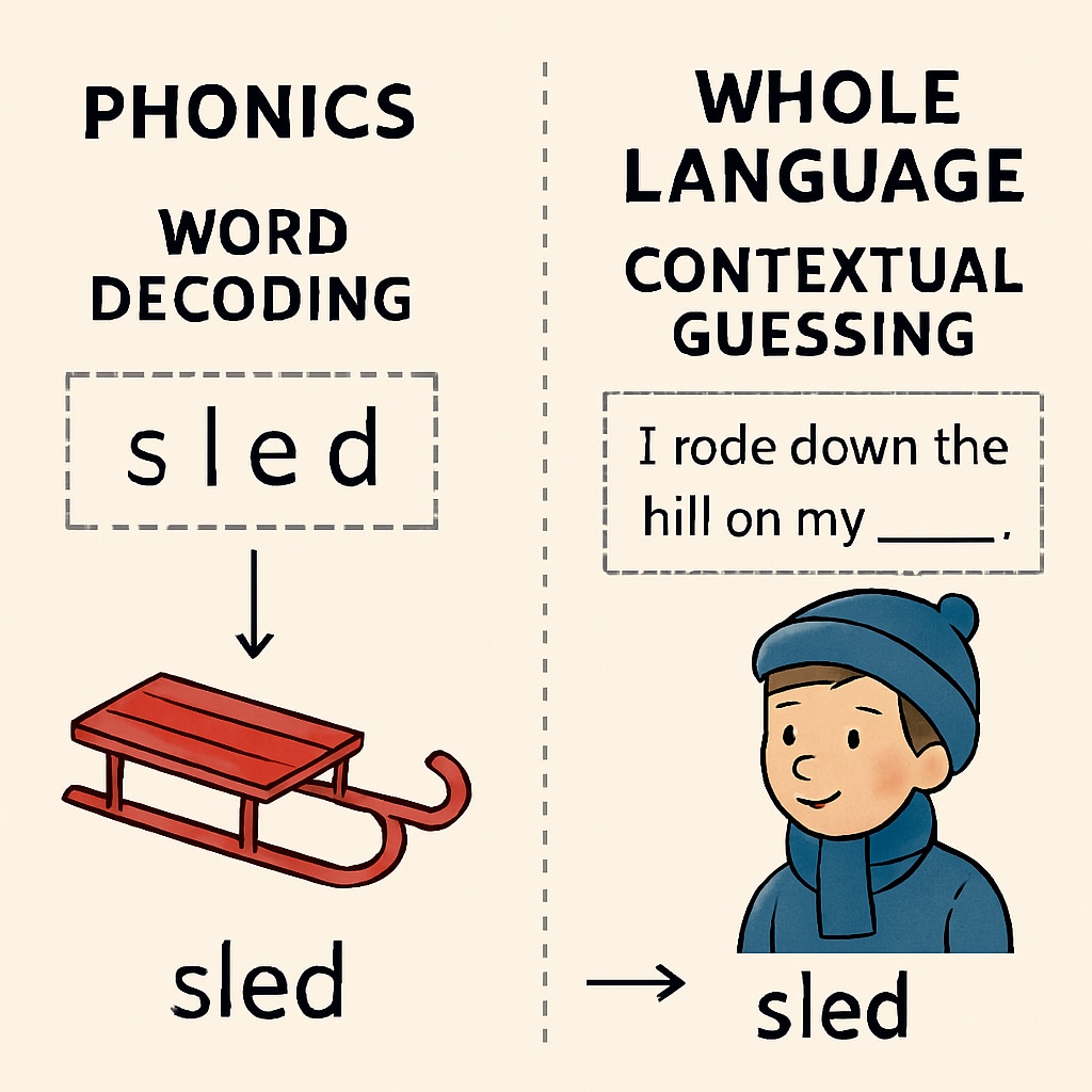 Illustration comparing phonics-based decoding of words versus whole language contextual guessing. Visual comparison of phonics and whole language reading methods.