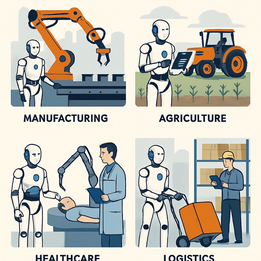 An illustrative graphic showing AI-powered robots in various industries, symbolizing automation's impact on careers. AI-powered robots in industries showing automation's impact on careers.
