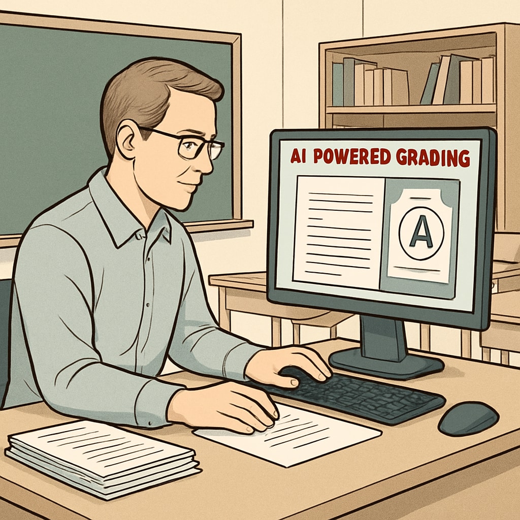 A teacher using an AI-powered grading tool to evaluate student assignments, depicting how technology can streamline administrative tasks in education. AI-powered grading tool helping reduce teacher workload.