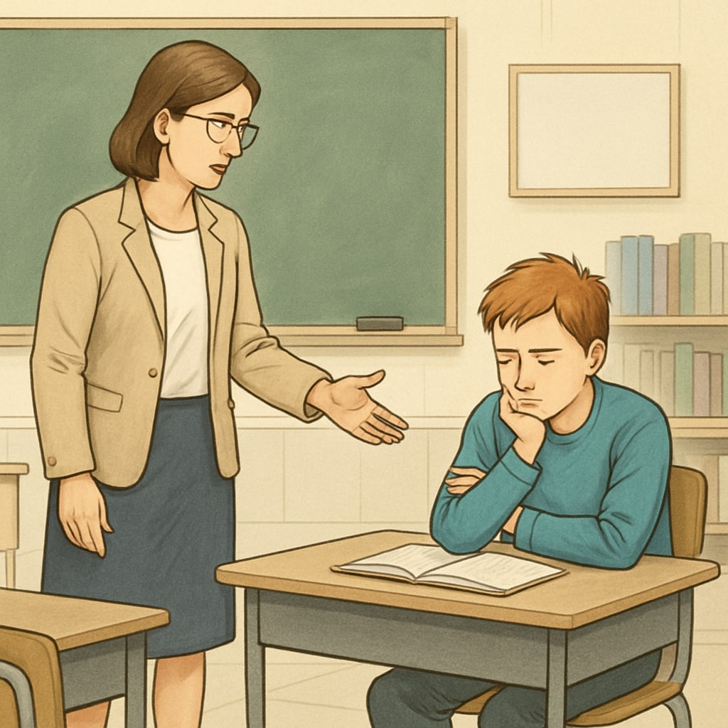 A classroom with a teacher addressing a student who is visibly upset, suggesting a behavioral intervention approach. A teacher calmly addressing a disruptive student in a classroom setting, emphasizing behavioral intervention.