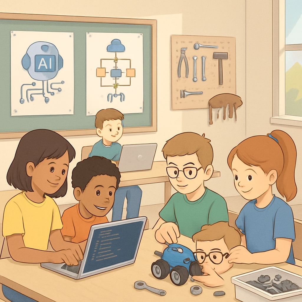 A classroom setting where students are engaged in coding and robotics projects, representing the integration of AI education in K12 learning. Students working on coding and robotics projects to learn AI basics.