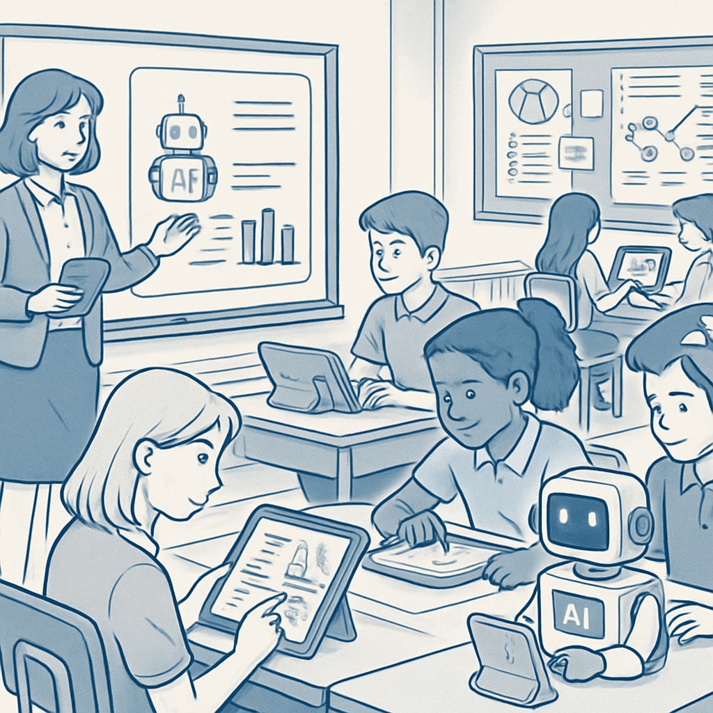 A classroom equipped with AI-powered tools, showing students and teachers benefiting from enhanced efficiency and personalized learning experiences. AI in education improving classroom efficiency.