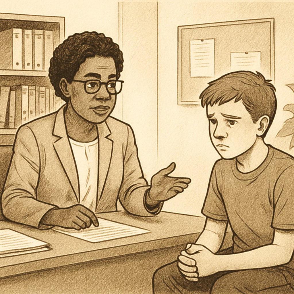 A counselor sitting with a student in a school office, engaging in a one-on-one discussion to address behavioral issues. A school counselor talking to a student, illustrating the importance of psychological intervention for disruptive students.