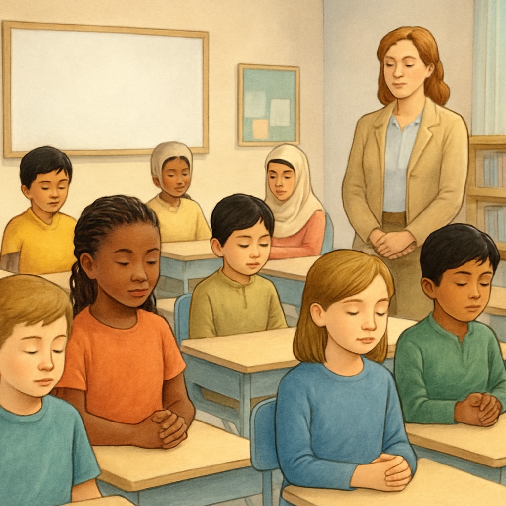 A photo of students in a classroom observing a moment of silence in a globally inclusive context, emphasizing respect and reflection. Students observing a moment of silence for global war victims, including Gaza.