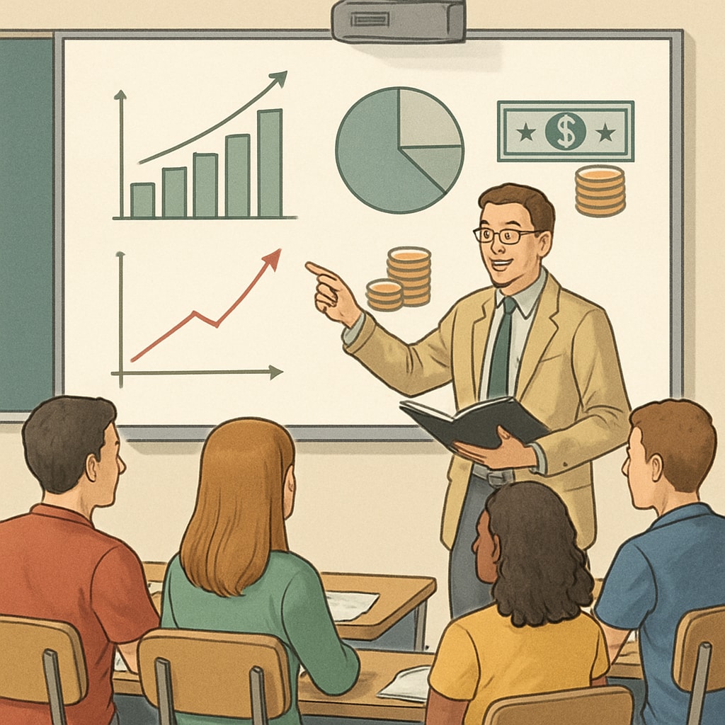 A classroom setting where a teacher is explaining financial concepts to students, emphasizing real-world scenarios. A teacher explaining financial concepts to students in a classroom setting, related to financial education, time management, and school curriculums.