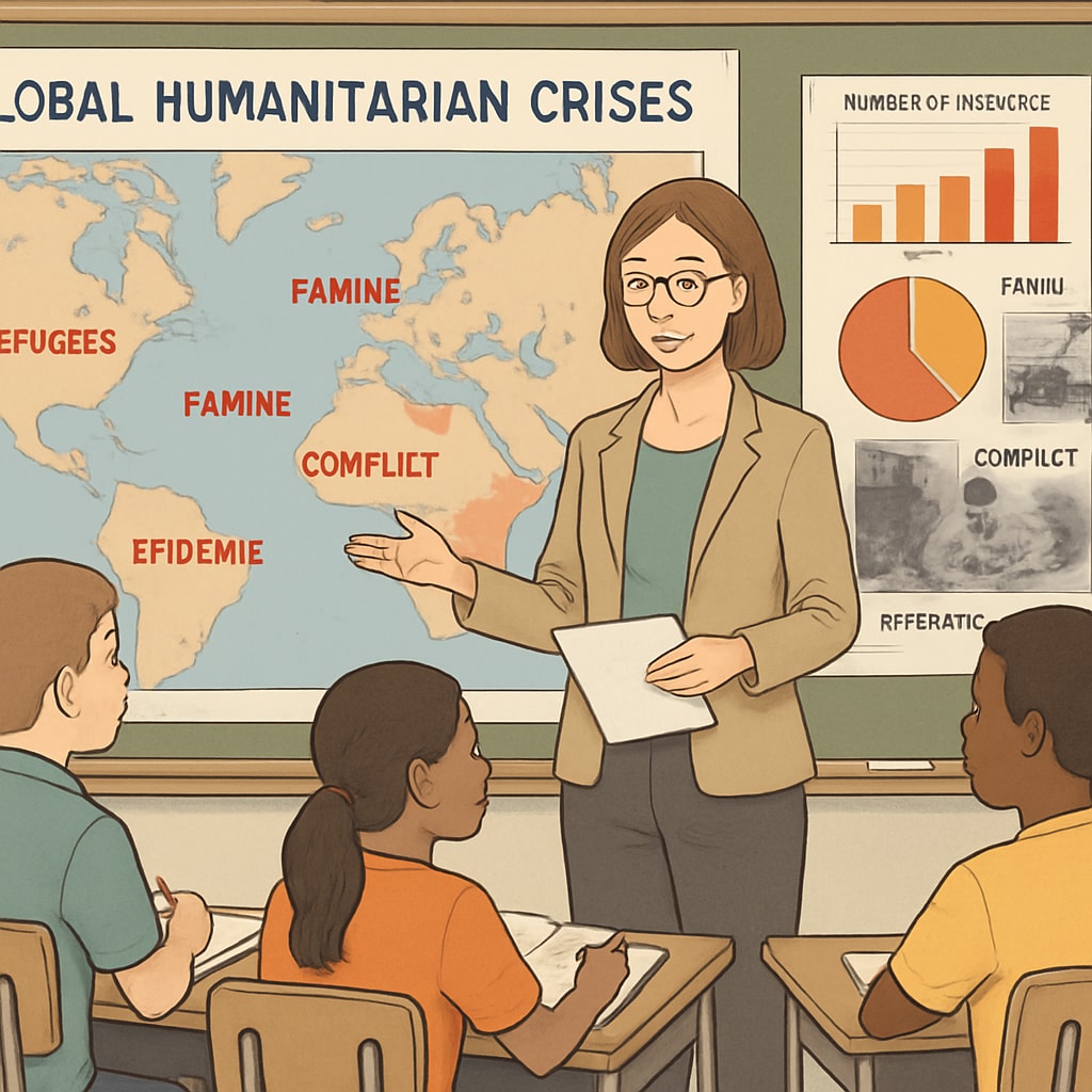 An image of an educator teaching students about global humanitarian crises using maps and multimedia resources. Educator teaching students about Gaza and other global humanitarian crises.