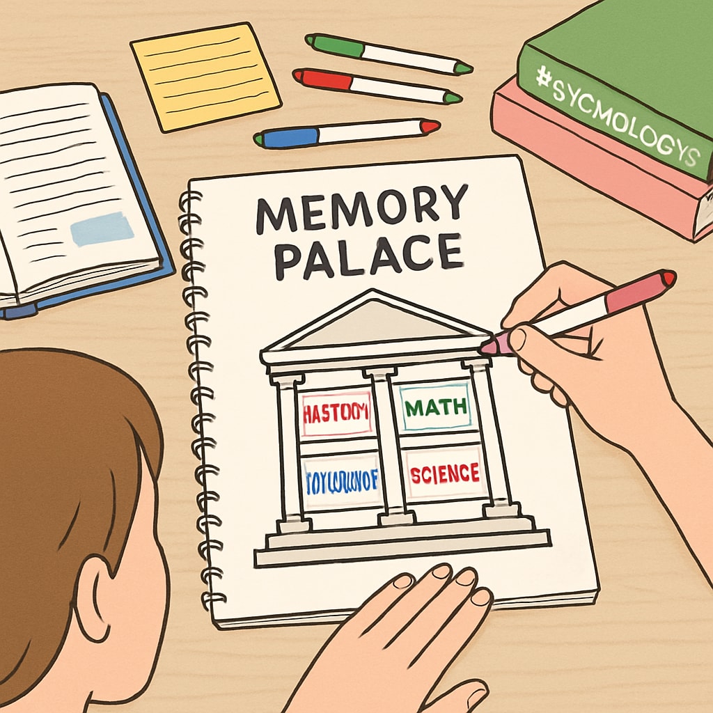 A student creating a memory palace diagram with colorful markers to organize study materials effectively. Memory techniques like the memory palace method visualized by a student using colorful markers.