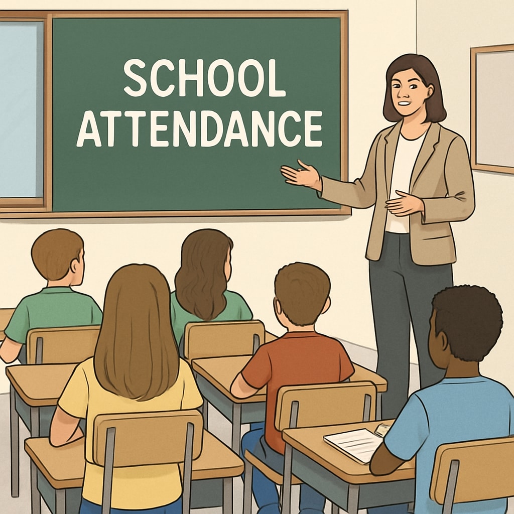 A classroom with students and a teacher, representing school attendance policies. A classroom scene depicting school attendance policies and their implementation.
