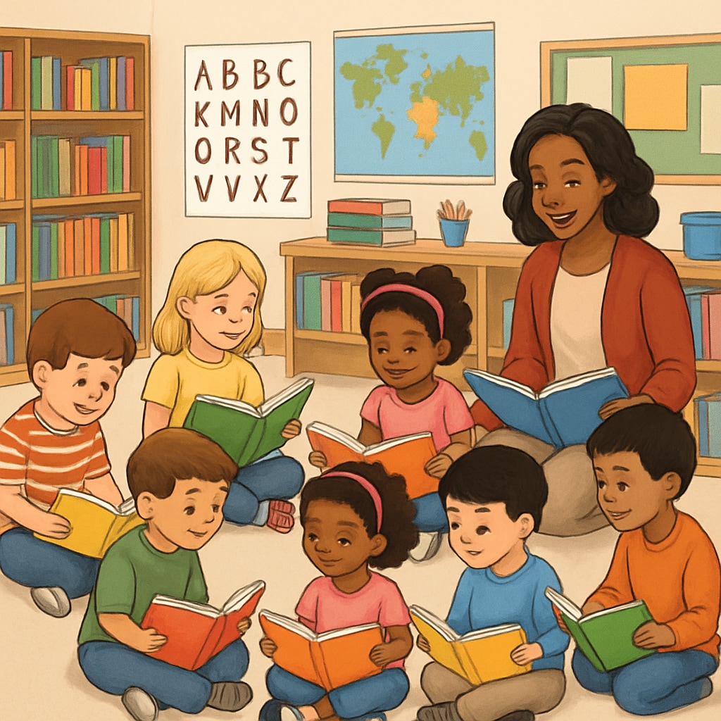 Children reading books in a classroom setting, representing whole language in reading education.