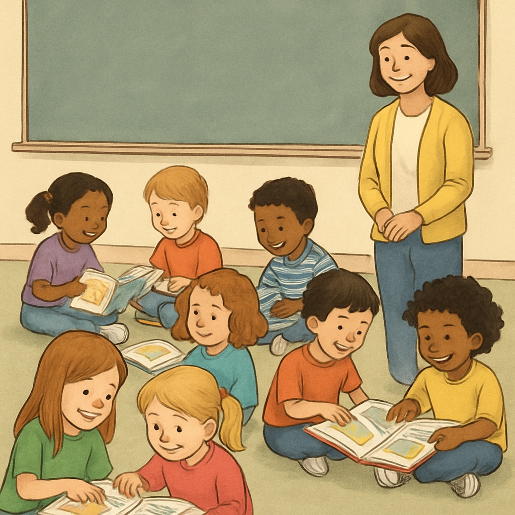 A classroom of students engaging in reading activities, illustrating whole language learning.