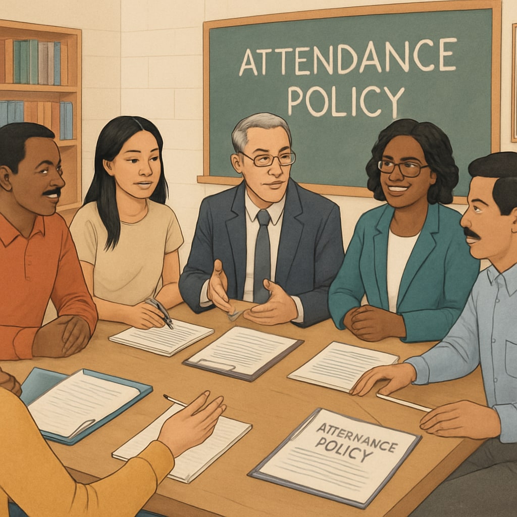 A meeting between parents, school officials, and community leaders discussing attendance policies. Parents and school officials discussing attendance policies and challenges.