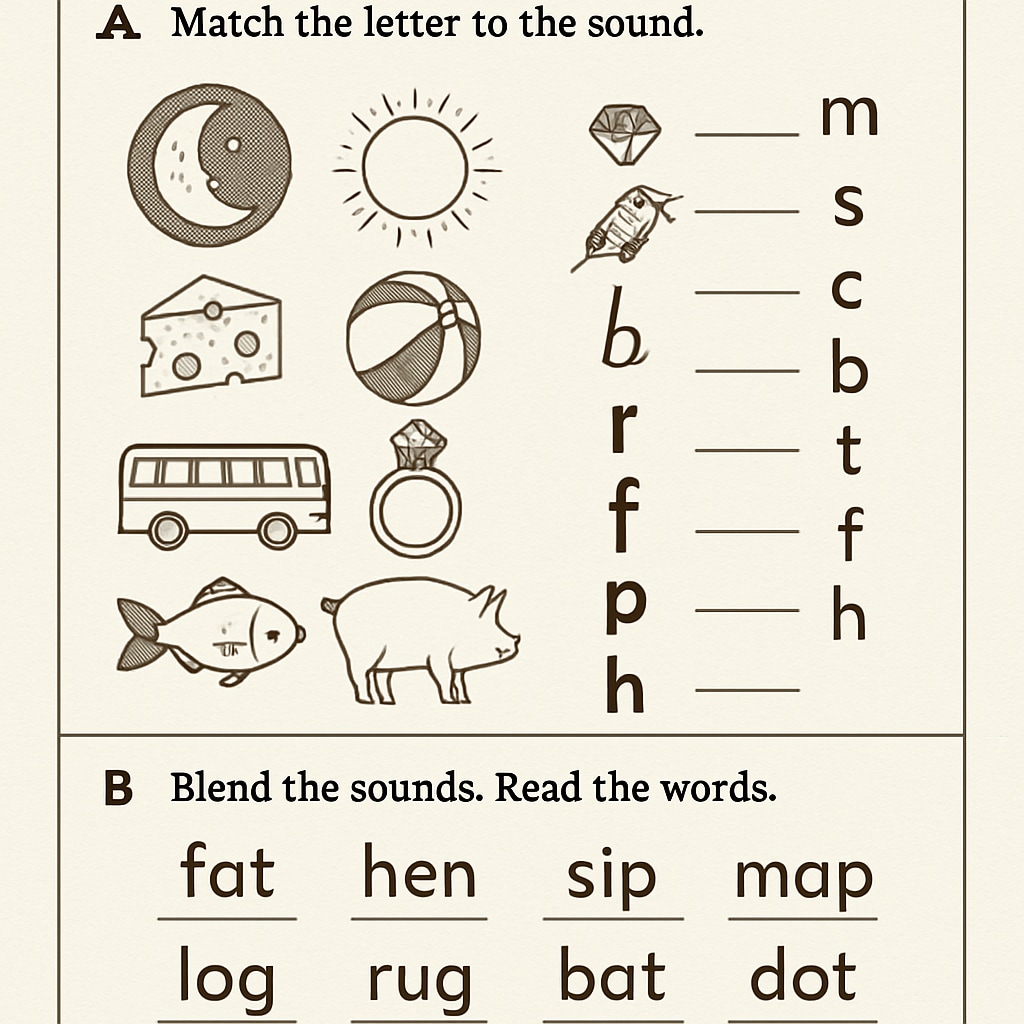 A workbook with phonics-based exercises, demonstrating structured reading instruction.