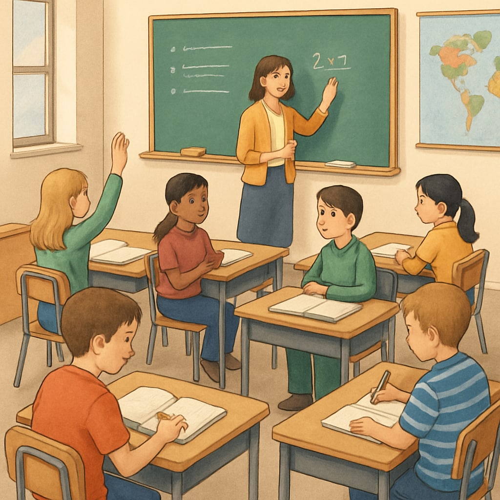 A classroom with students engaged in a focused learning environment, showcasing effective classroom management. Students actively learning in a well-organized classroom with a teacher assisting.