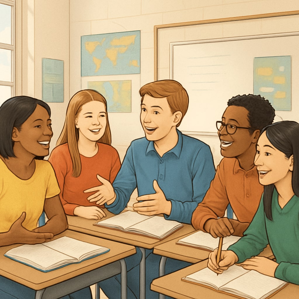 Diverse students in a classroom discussing academic topics.