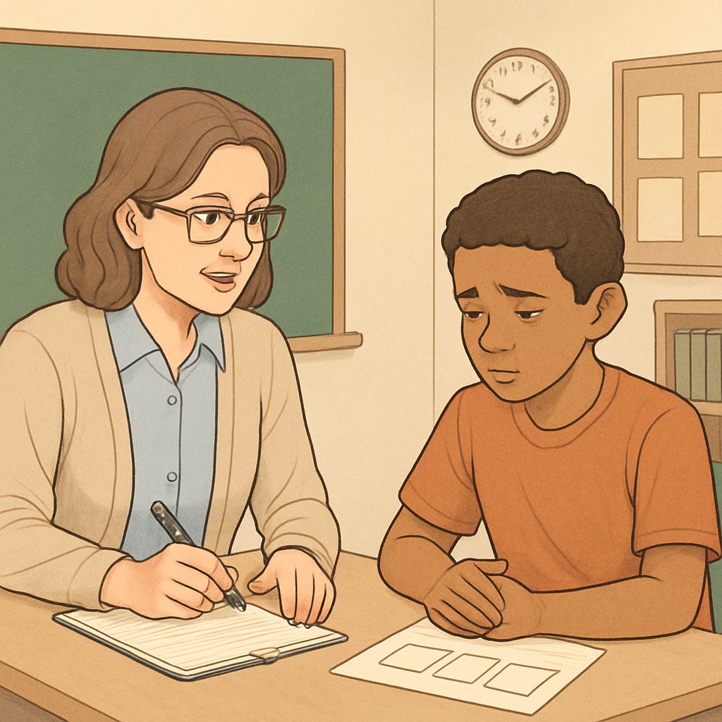 A counselor working closely with a student during a behavioral therapy session to address disruptions. A counselor providing psychological support to a student with behavioral challenges.