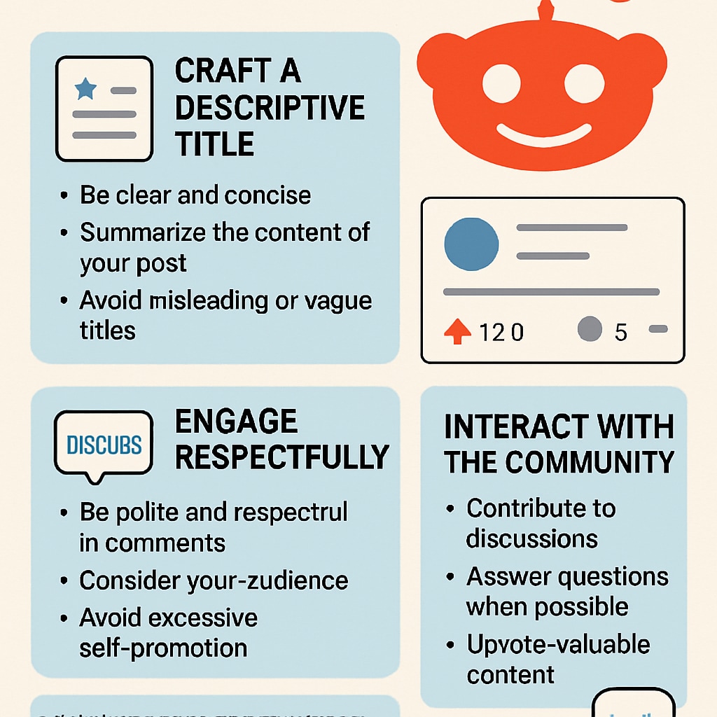 Infographic illustrating Reddit posting tips for education communities.