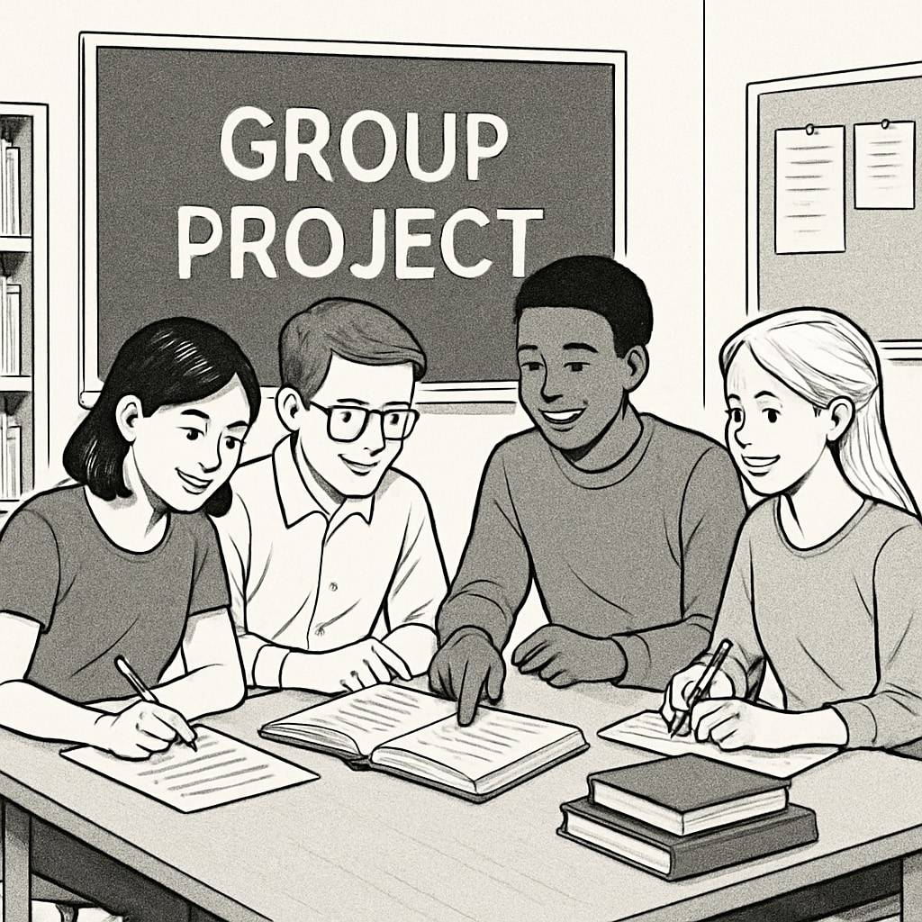 A classroom setting showing students collaborating on a group project, symbolizing teamwork and collective learning. Students working together in a classroom, representing education, critical thinking, and personal growth.