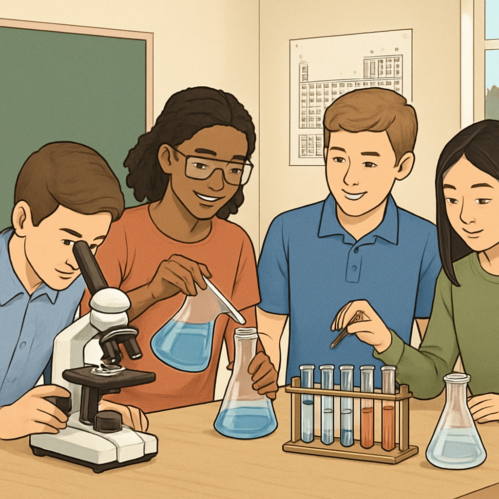 A classroom of high school students engaged in a science experiment, illustrating hands-on STEM education. High school students performing a science experiment, highlighting STEM education.
