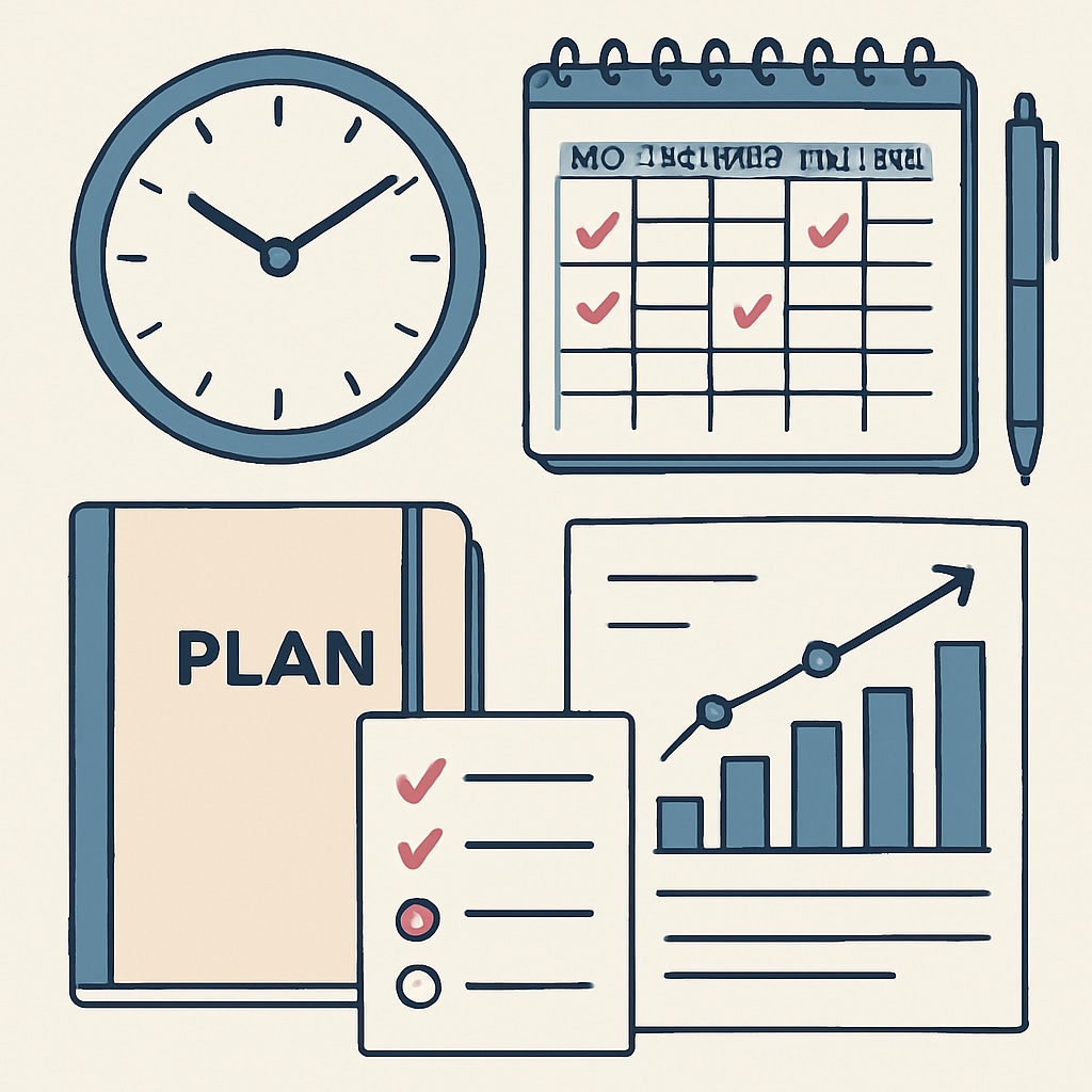 A motivational poster showing the concept of time management with clocks, planners, and productivity charts. Poster illustrating time management concepts with clocks and planners.
