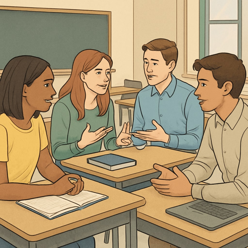 Students in a classroom discussing in small groups, symbolizing the focus on emotional intelligence and teamwork. High school students working in groups, emphasizing emotional intelligence and teamwork.