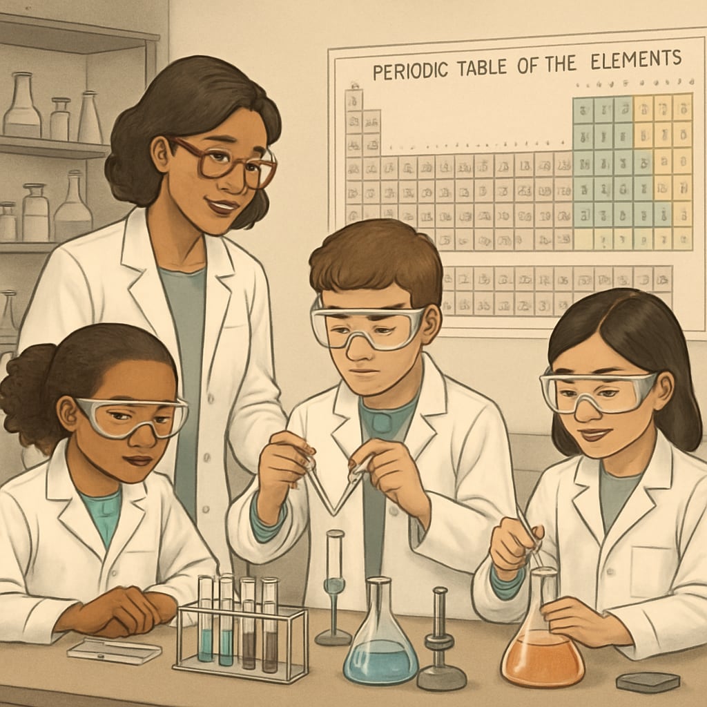 A teacher guiding students in a chemistry lab, illustrating hands-on learning that fosters critical thinking. A teacher and students in a science lab, emphasizing critical thinking and education.