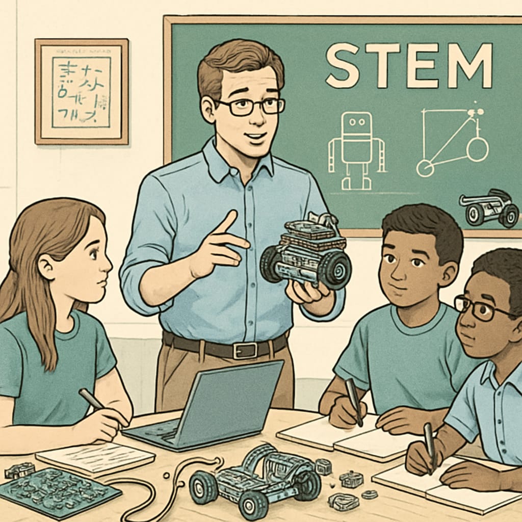 A teacher demonstrating a robotics project to students in a STEM class, illustrating practical skills education. STEM class with a teacher and students working on a robotics project.