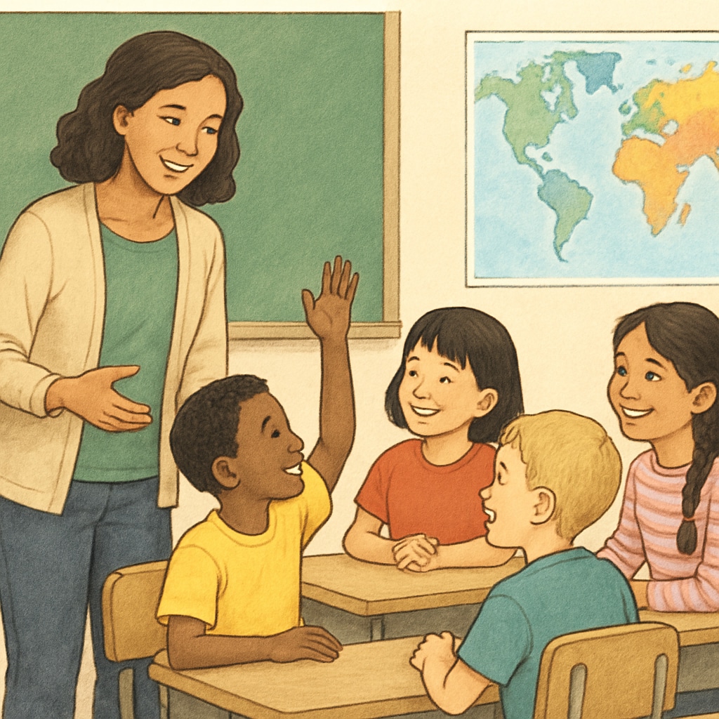 A smiling teacher engaging children in a multicultural learning environment. Ms Rachel engaging children in a diverse and inclusive educational setting.