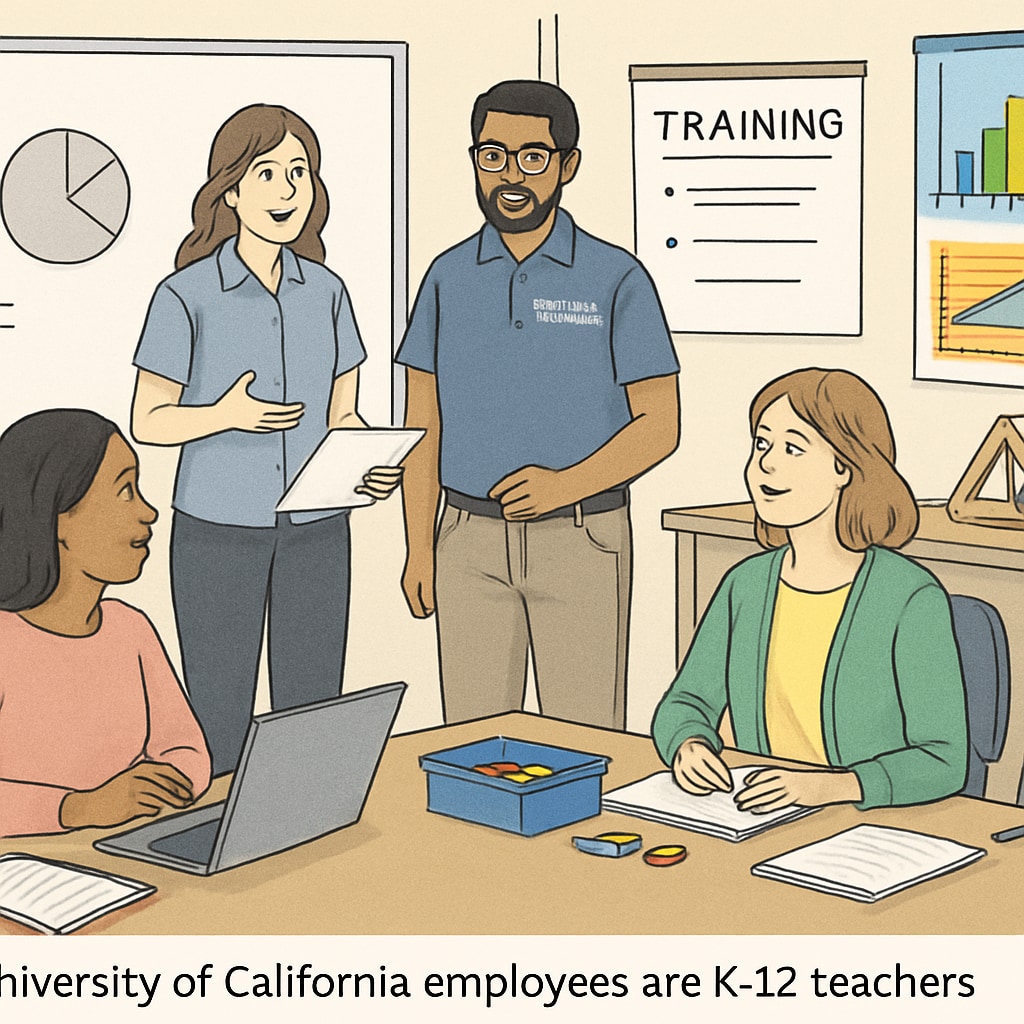 A workshop with University of California employees providing training to K12 teachers. University of California employees conducting a workshop with K12 teachers.