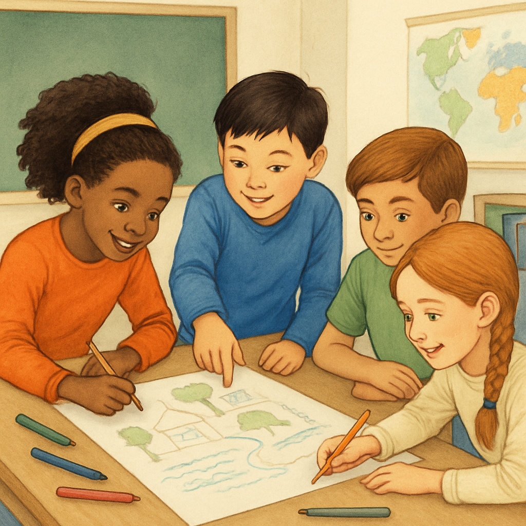 An animated scene showing children from different cultural backgrounds working together on a project. Children from diverse cultures collaborating in an animated educational scene.